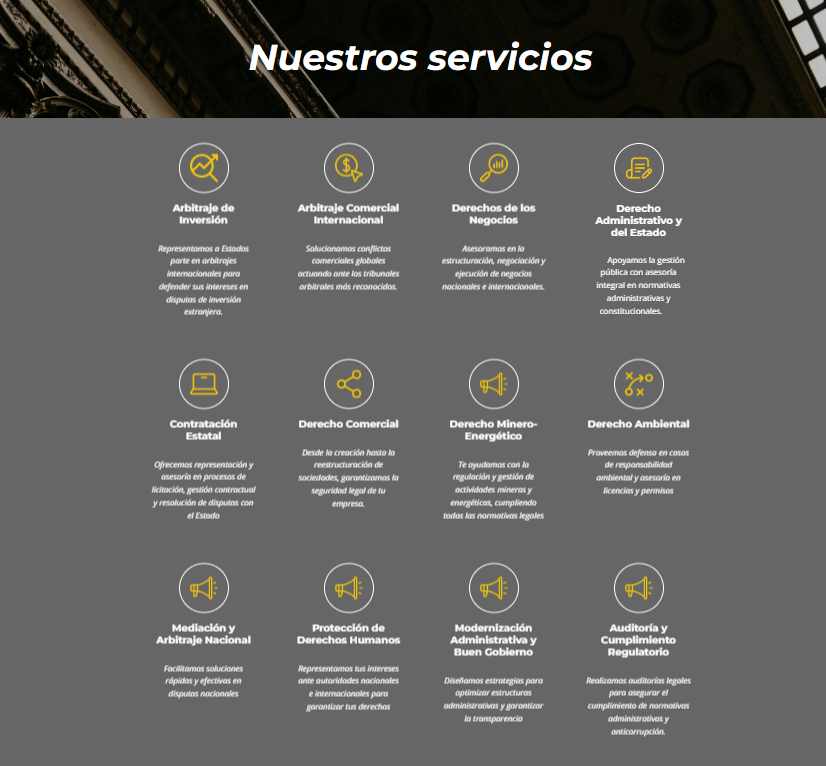 Astrea promete servicios en arbitraje de inversión en su página web.