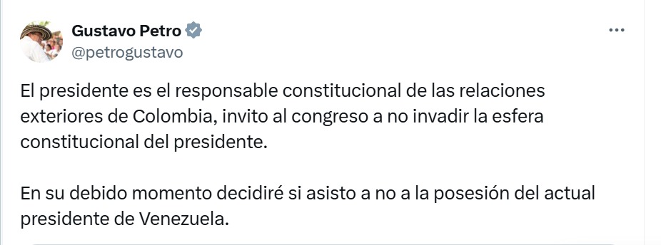“En su debido momento decidiré”: Petro a congresistas que piden no ir a posesión de Maduro.