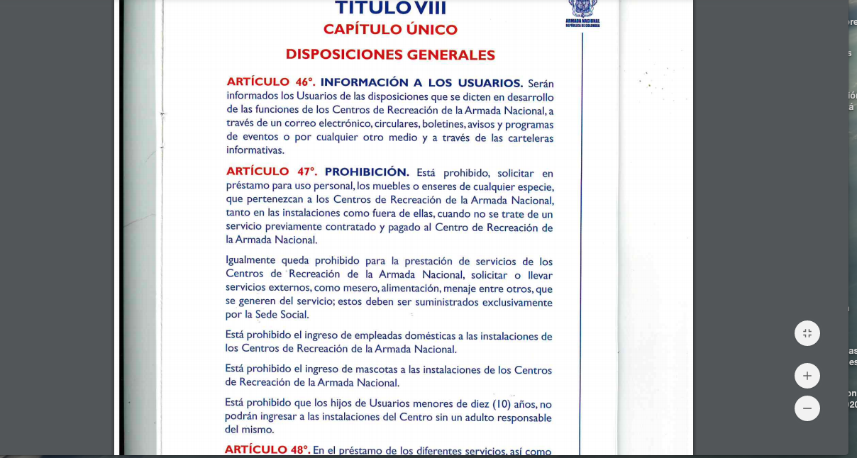 Artículo 47 - Reglamento de centros de recreación de la Armada Nacional
