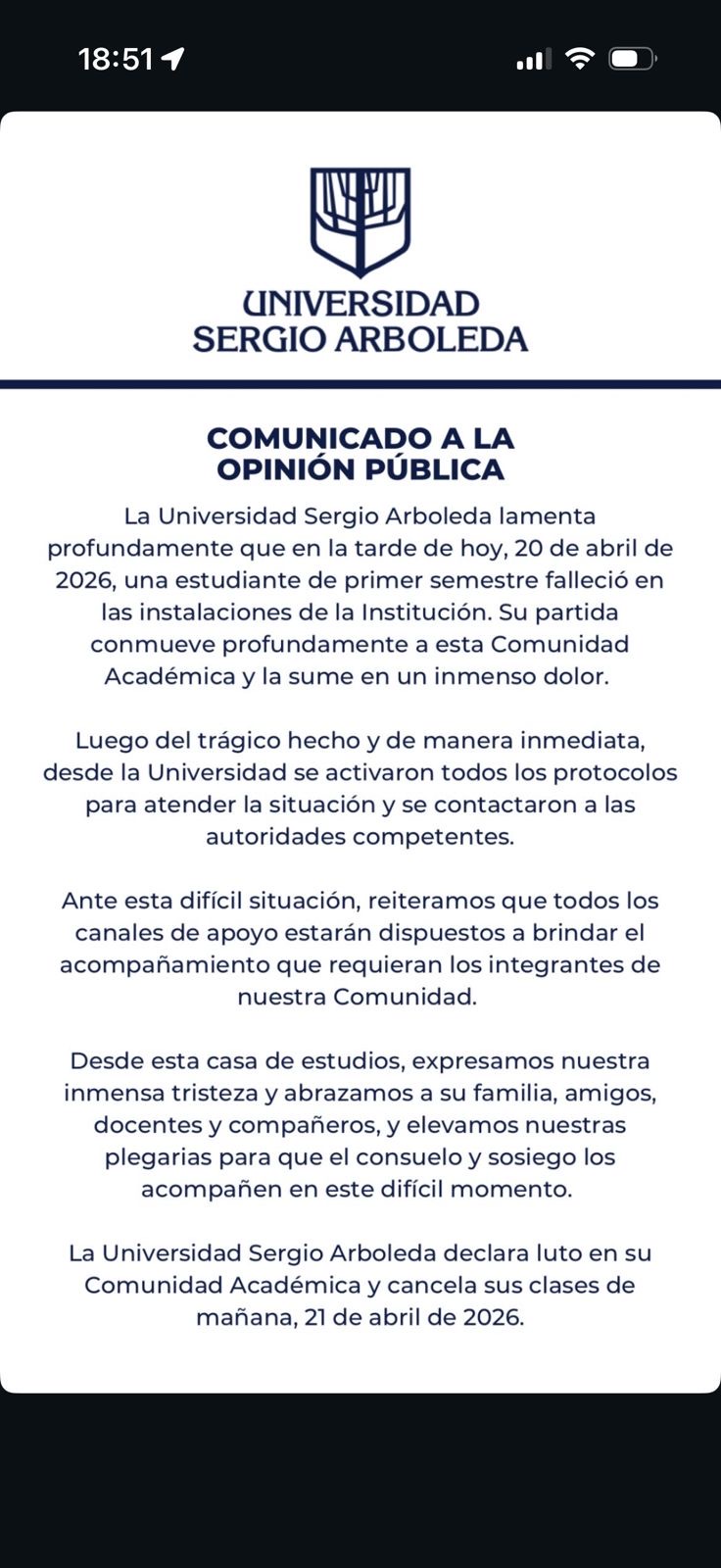 Comunicado de prensa de la Universidad Sergio Arboleda