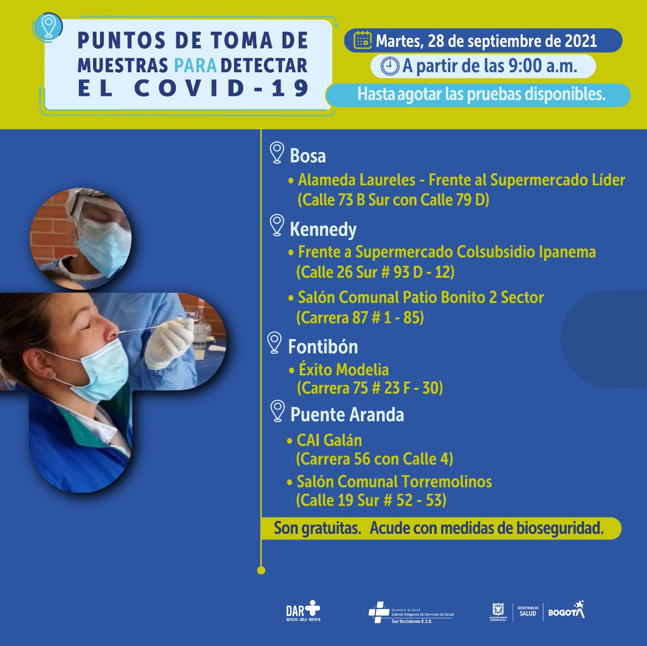 Estos son los puntos para toma de pruebas COVID-19 este martes en Bogotá.