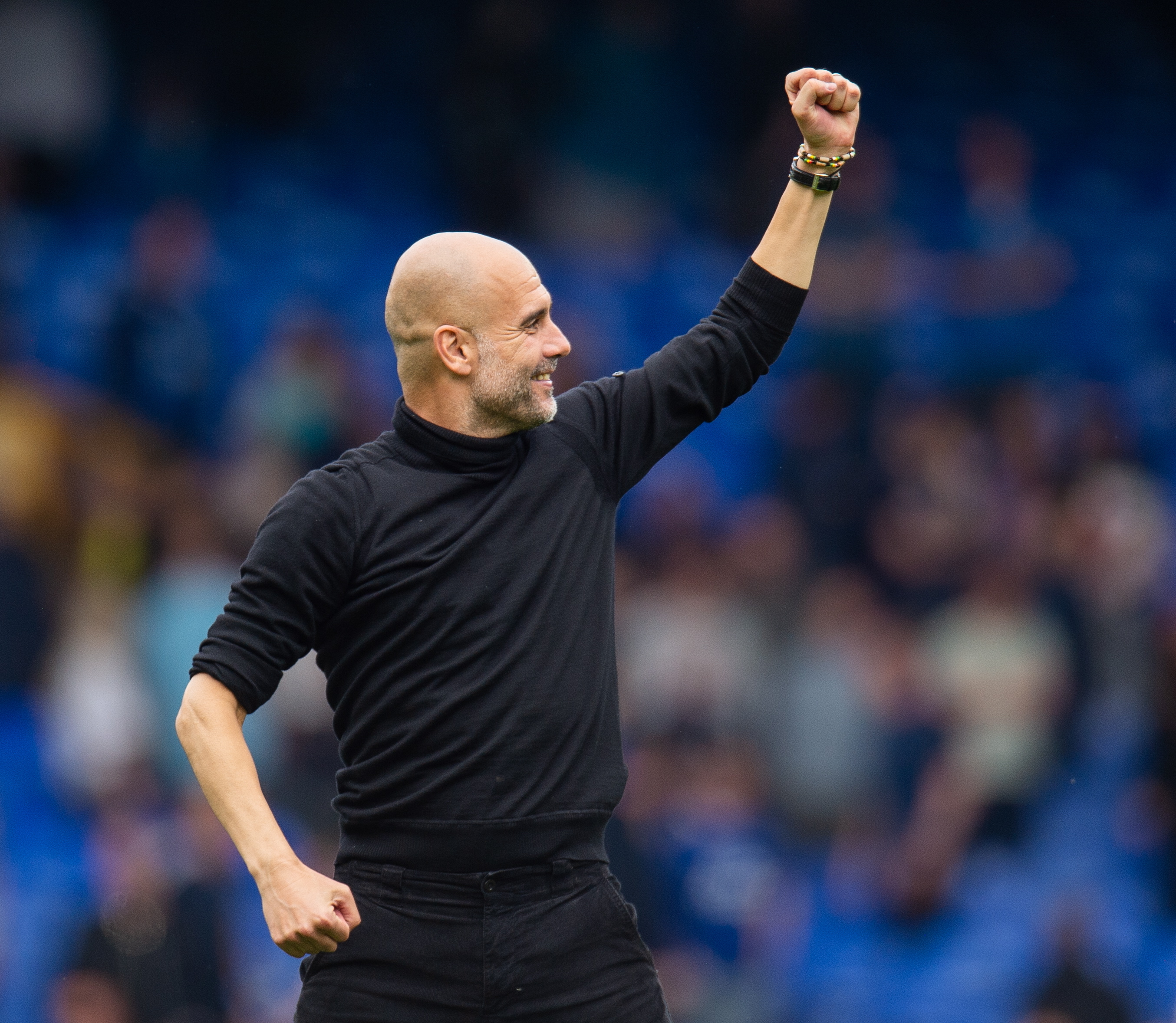 Liverpool (United Kingdom), 14/05/2023.- Manchester City manager Pep Guardiola reacts towards the Manchester City fans after the English Premier League soccer match between Everton and Manchester City at Goodison Park in Liverpool, Britain, 14 May 2023. (Reino Unido) EFE/EPA/Peter Powell EDITORIAL USE ONLY. No use with unauthorized audio, video, data, fixture lists, club/league logos or 'live' services. Online in-match use limited to 120 images, no video emulation. No use in betting, games or single club/league/player publications