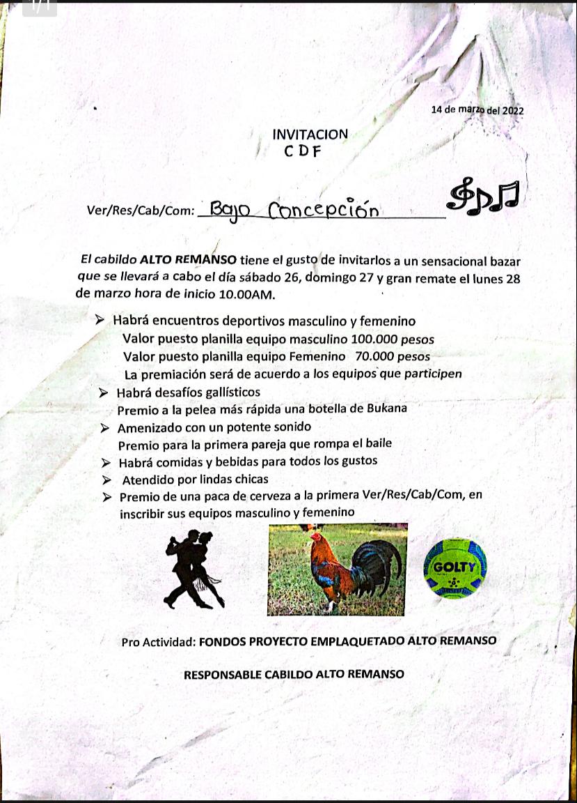 Esta fue una de las invitaciones al bazar que hizo la comunidad de Alto Remanso.