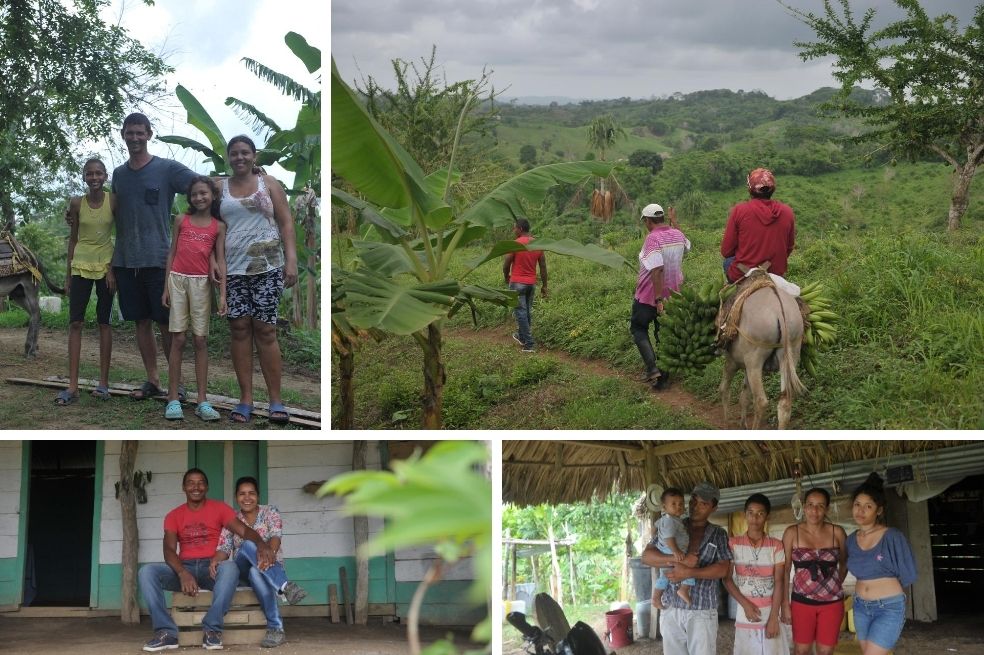 Hombres operados en la vereda Arroyo de Arena. (Arriba, izquierda) Raúl Antonio Quintero y su esposa, Amelia, en la finca El Alivio. A la derecha las tierras de la Fundación Tierra y Casa sobre la Serranía de Abibe. Marta Cavadía y Pablo Acosta (abajo, izquierda). Aníbal David Díaz y Luz Marina Peñas y su familia.