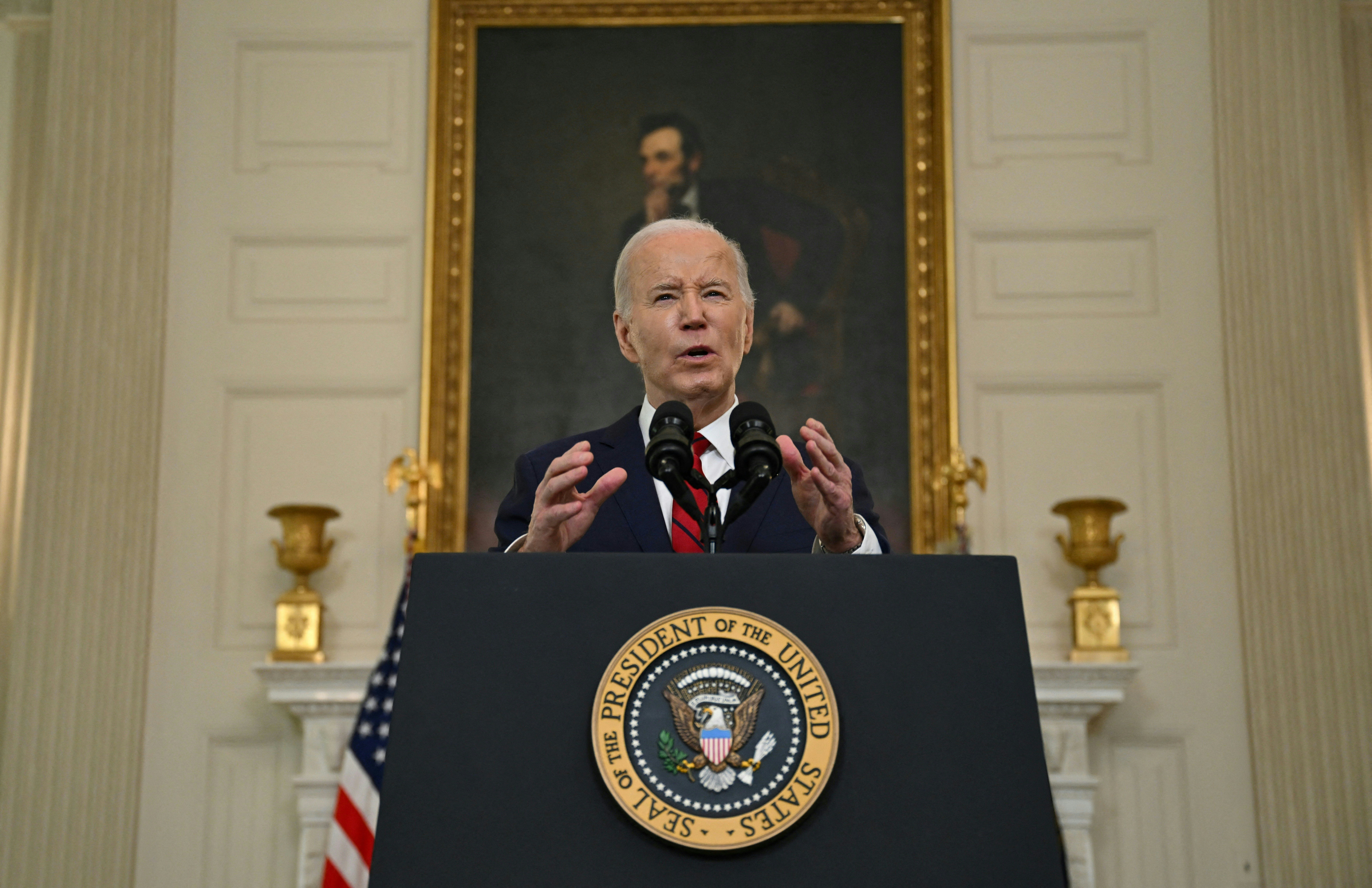 US President Joe Biden speaks after signing the foreign aid bill at the White House in Washington, DC, on April 24, 2024.