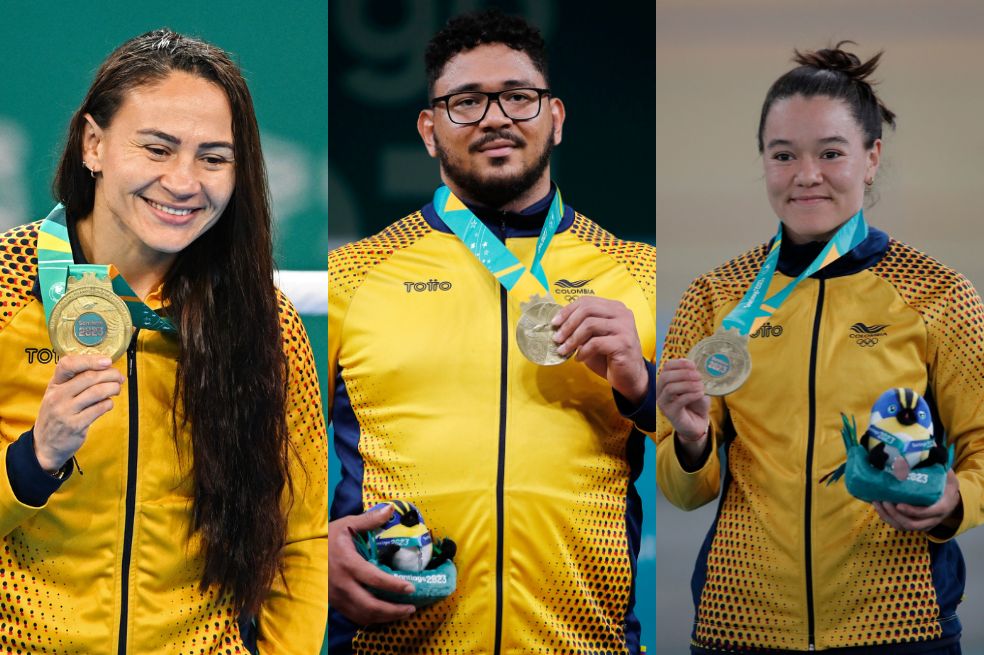 Jenny Arias (izq.), campeona en boxeo; Rafael Cerro (cent.), campeón en levantamiento de pesas, y Martha Bayona (der.), campeona en ciclismo de pista.