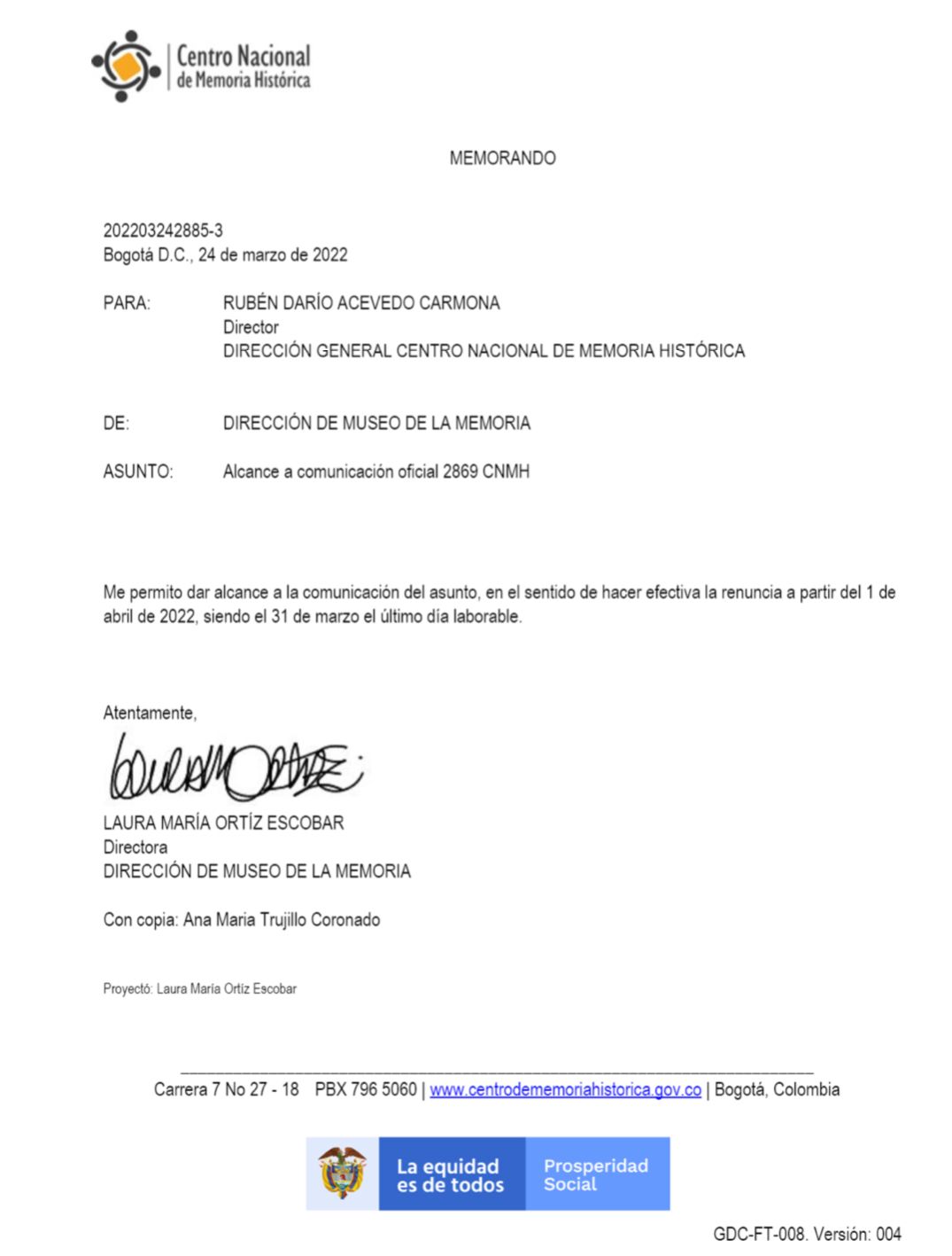 Carta de renuncia de Laura María Ortiz, directora del Museo de la Memoria.