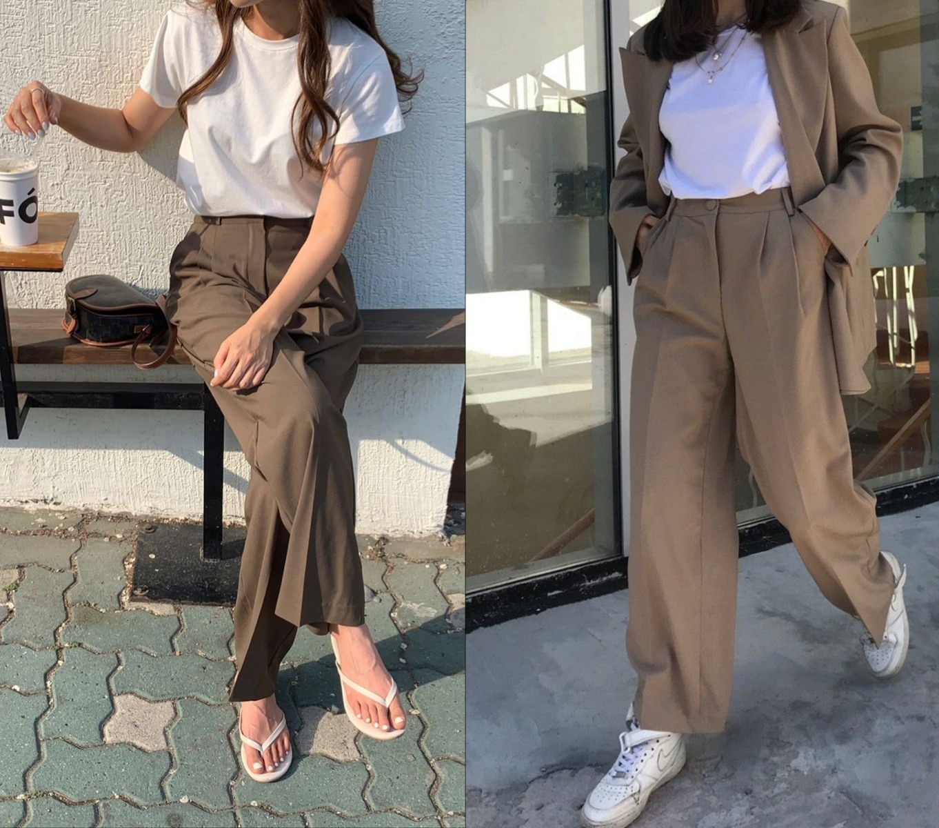 Lleva unos pantalones beige con una camiseta blanca. Agrega una chaqueta de lino y unos zuecos o sandalias de un solo tono.
