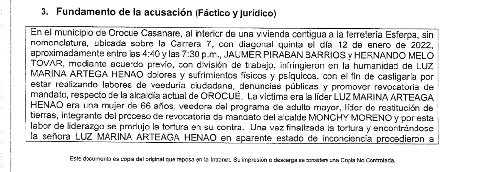 Pantallazo de la acusación de la Fiscalía en el caso del asesinato contra Luz Marina Arteaga Henao.