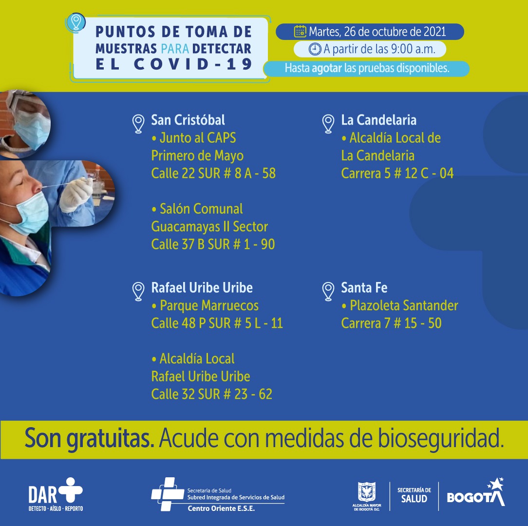 ¿Dónde hay pruebas gratuitas contra Covid-19 este martes en Bogotá?