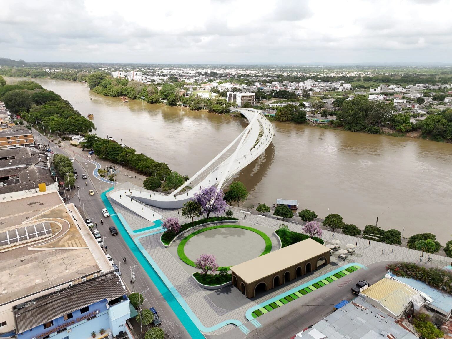 Puente peatonal con piso de cristal sobre el río Sinú en Montería