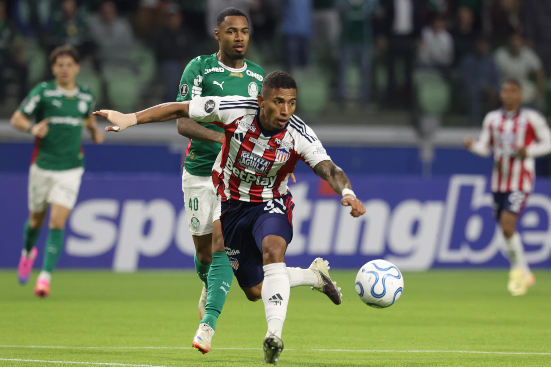 AME6330. SAO PAULO (BRASIL), 28/05/2026.- Allan (i) de Palmeiras disputa un balón con Jhomier Guerrero de Junior este jueves, en un partido de la fase de grupos de la Copa Libertadores entre Palmeiras y Junior en el Allianz Parque en Sao Paulo (Brasil). EFE/ Sebastião Moreira
