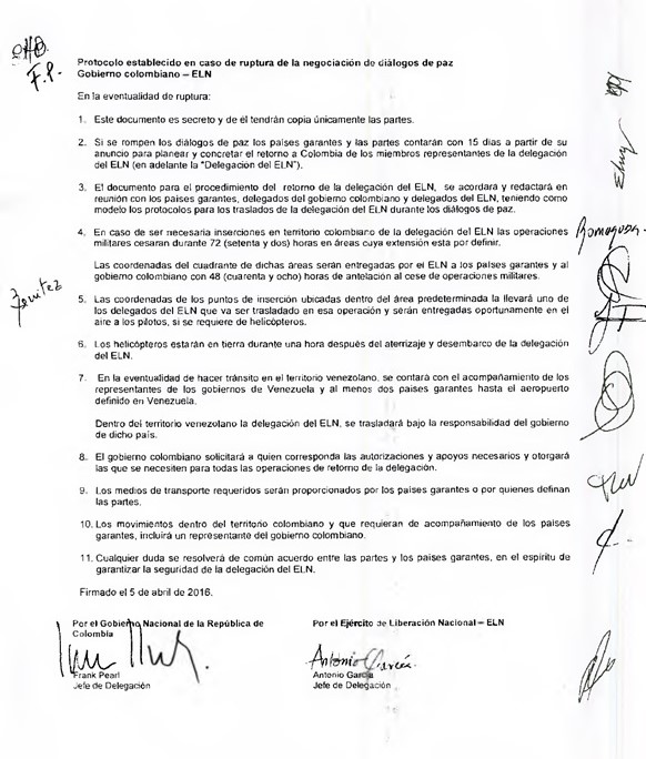 Este es el protocolo firmado por el Eln.