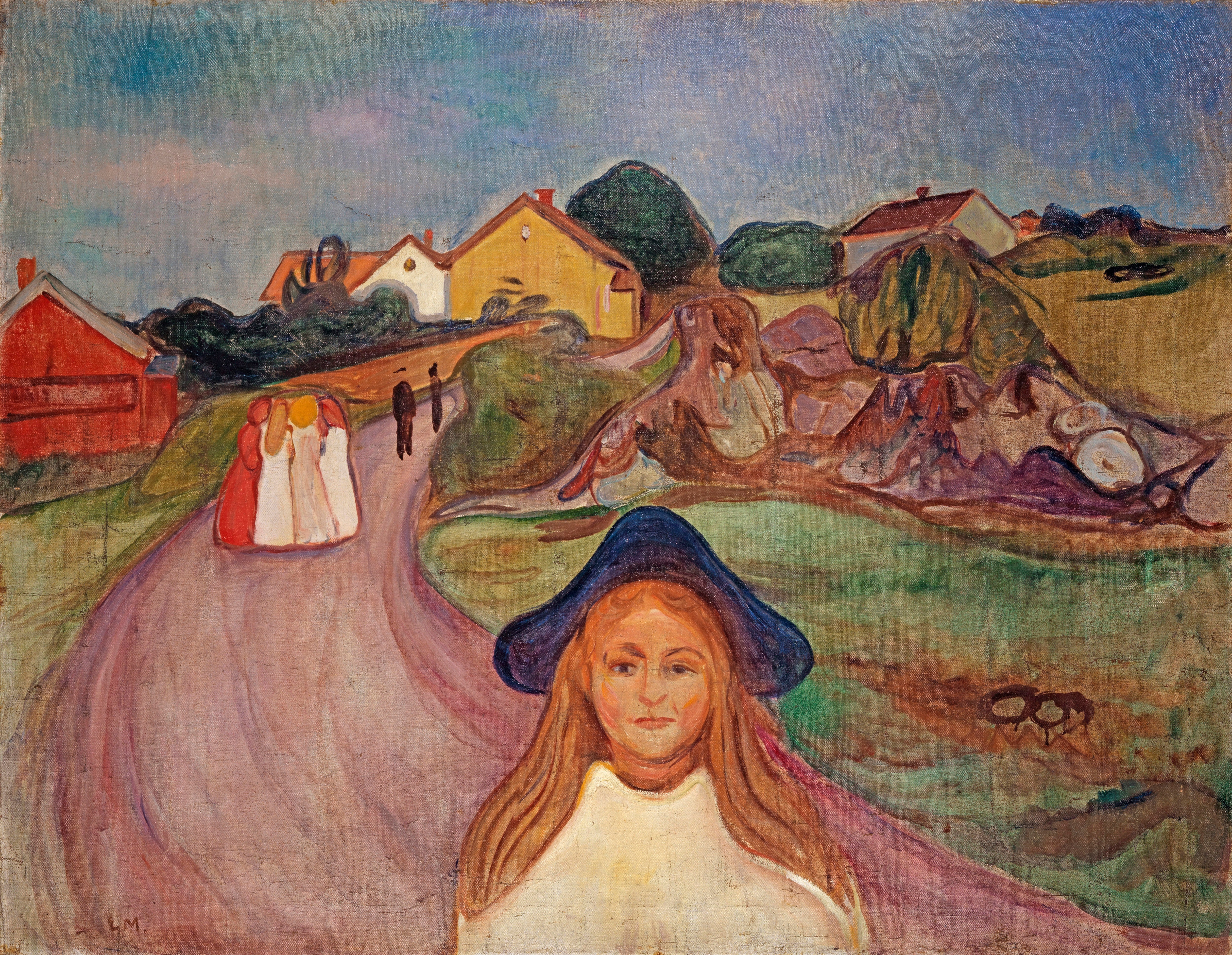 GRAF657. VIENA, 18/02/2022.- Vista de la obra de Edvard Munch "strasse_in_aagsgaardstrand" (1901), perteneciente a "Edvard Munch: en diálogo", la última exposición del Museo Albertina de Viena, que desde este viernes muestra 128 cuadros y dibujos que examinan la influencia e impacto del artista escandinavo en el arte moderno y contemporáneo. EFE/Albertina SOLO USO EDITORIAL/SOLO DISPONIBLE PARA ILUSTRAR LA NOTICIA QUE ACOMPAÑA/CRÉDITO OBLIGATORIO
