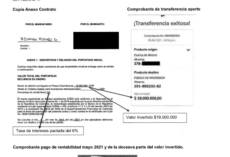 Este era uno de los contratos firmados por Camila Morales con una de las personas que invirtió más de $10 millones de pesos.
