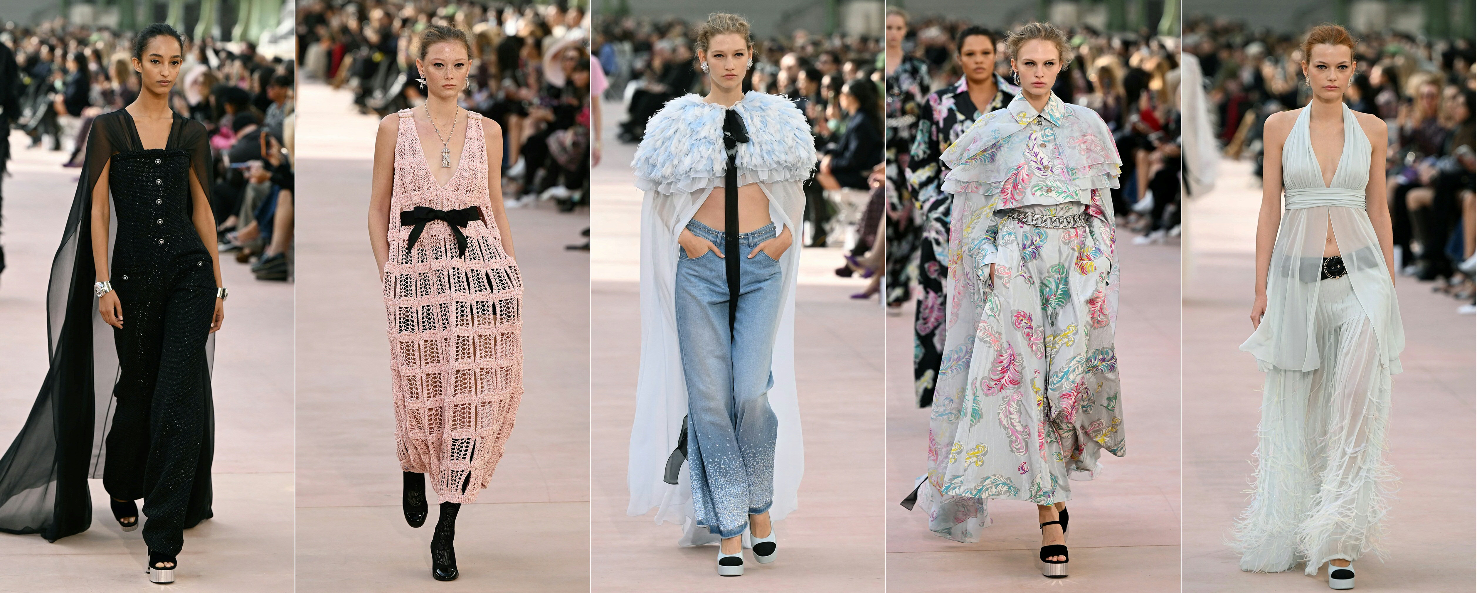 (COMBO) This combination of pictures created on October 01, 2024 shows
models presenting creations by Chanel for the Women Ready-to-wear Spring-Summer 2025 collection as part of the Paris Fashion Week, in Paris on October 1st, 2024.