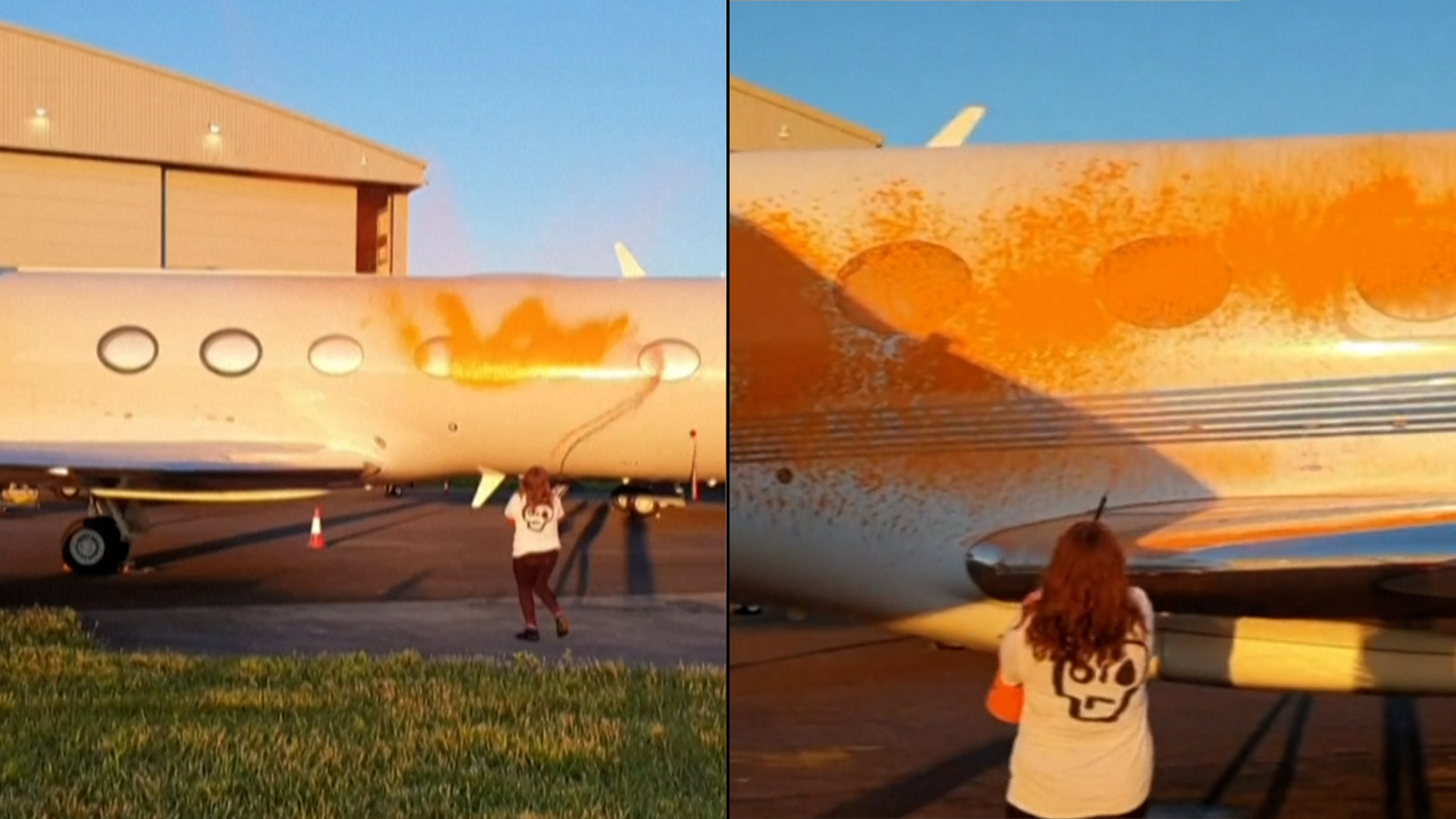 Ecologistas rocían jets privados con pintura naranja en aeropuerto de Londres