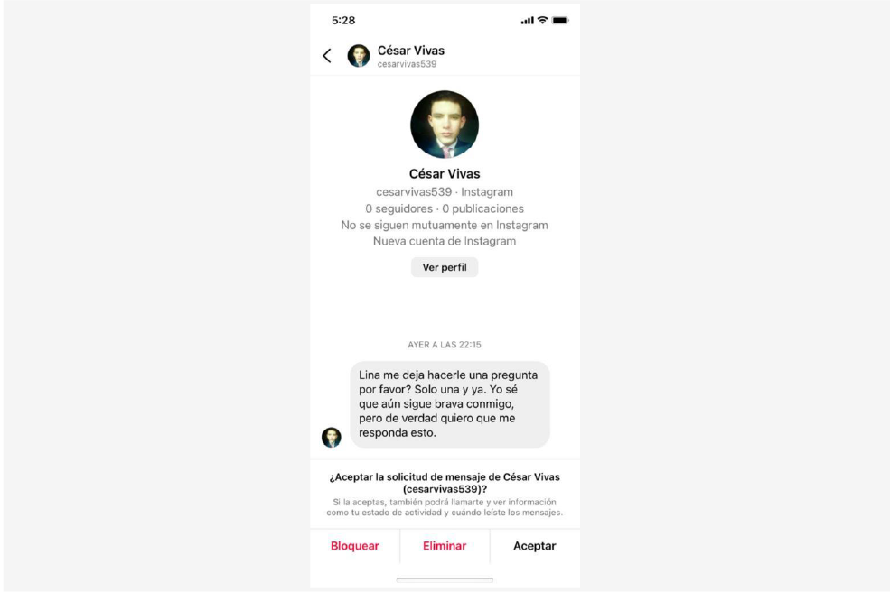 Mensaje enviado por Cesar Vivas a Lina Rezk por redes sociales.
