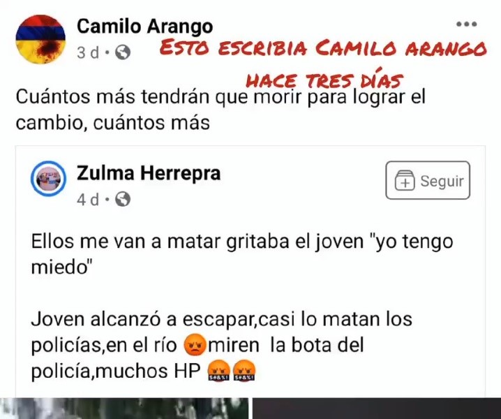 Mensaje tomado del Facebook de Camilo Andrés Arango.