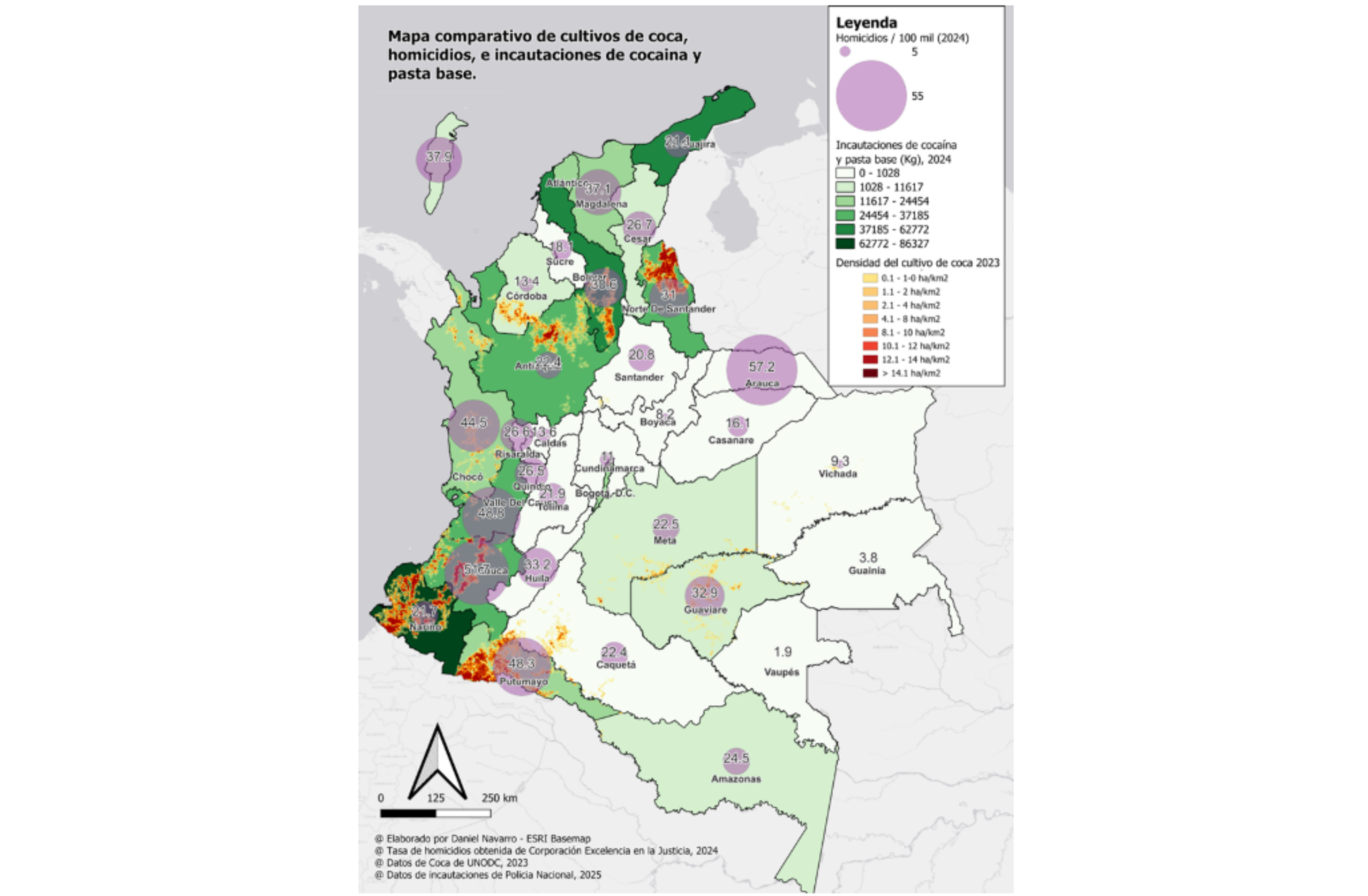 Mapa comparativo de cultivos de coca, homicidios e incautaciones de cocaína y pasta base de coca, 2024. Fuentes: elaborado por Valencia y Navarro con base en ONUDC y Policía Nacional de Colombia.