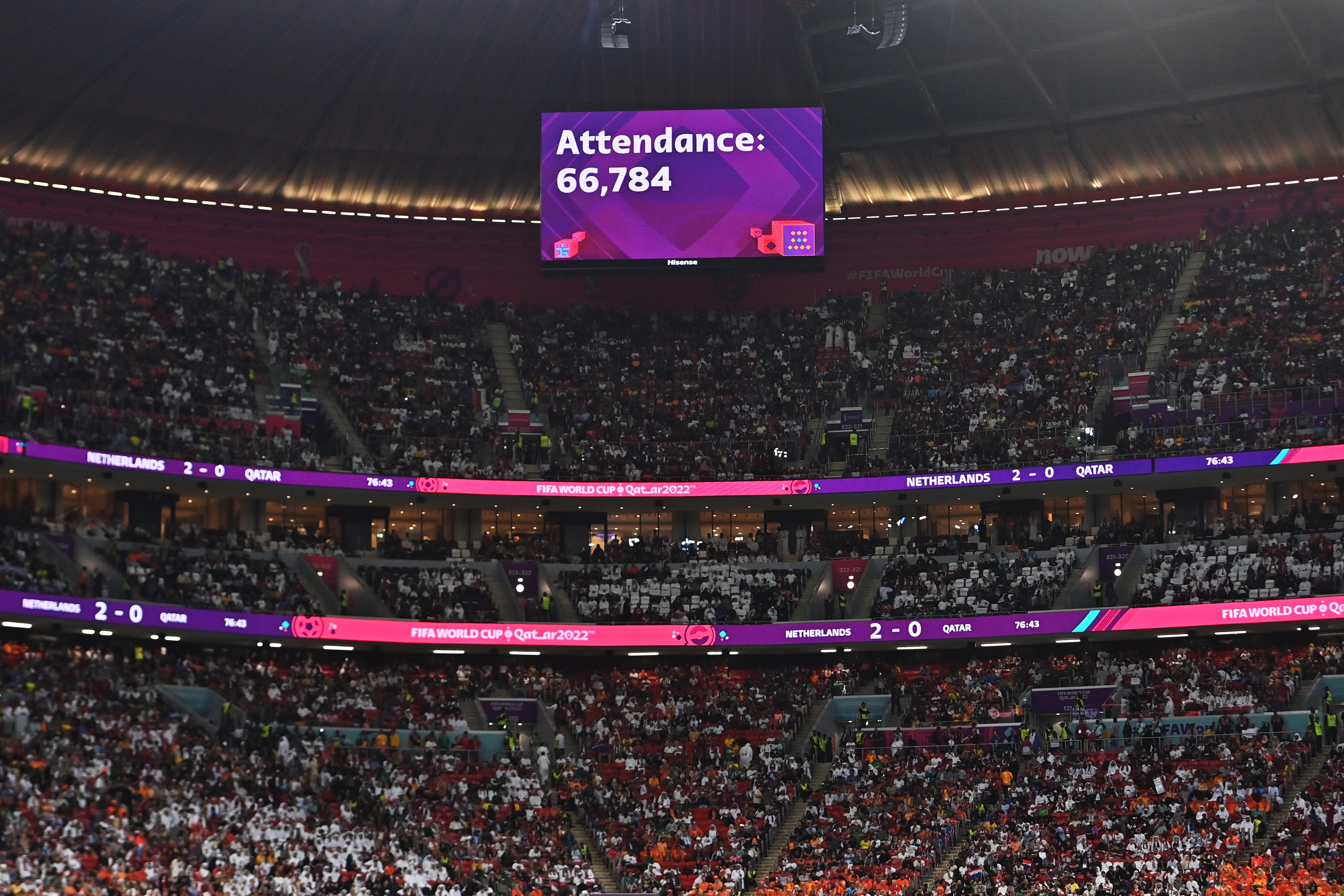 Al Khor (Qatar), 29/11/2022.- An electronic board shows that 66,784 people attended the FIFA World Cup 2022 group A soccer match between the Netherlands and Qatar at Al Bayt Stadium in Al Khor, Qatar, 29 November 2022. (Mundial de Fútbol, Países Bajos; Holanda, Catar) EFE/EPA/Noushad Thekkayil
