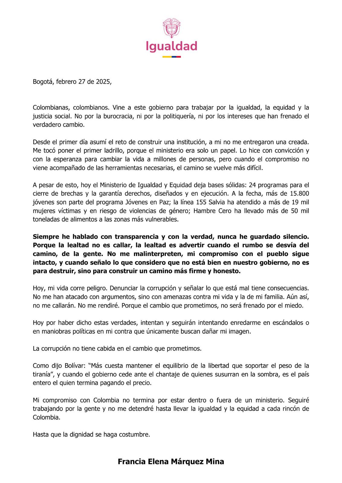 Carta de Francia Márquez.