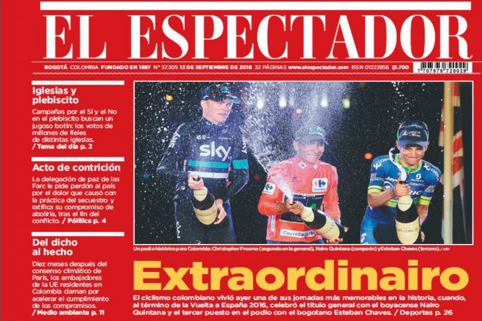 Portada de El Espectador del lunes 12 de junio de 2016. / El Espectador.