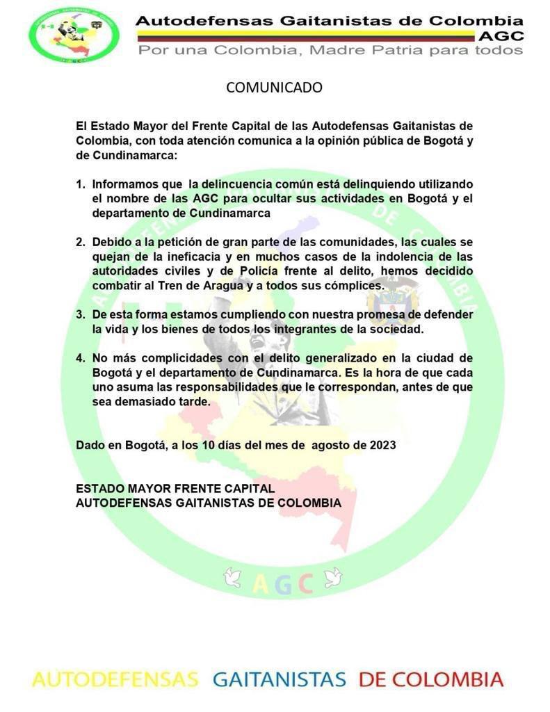 Este es el comunicado de las AGC que anuncia su supuesta llegada a la ciudad.