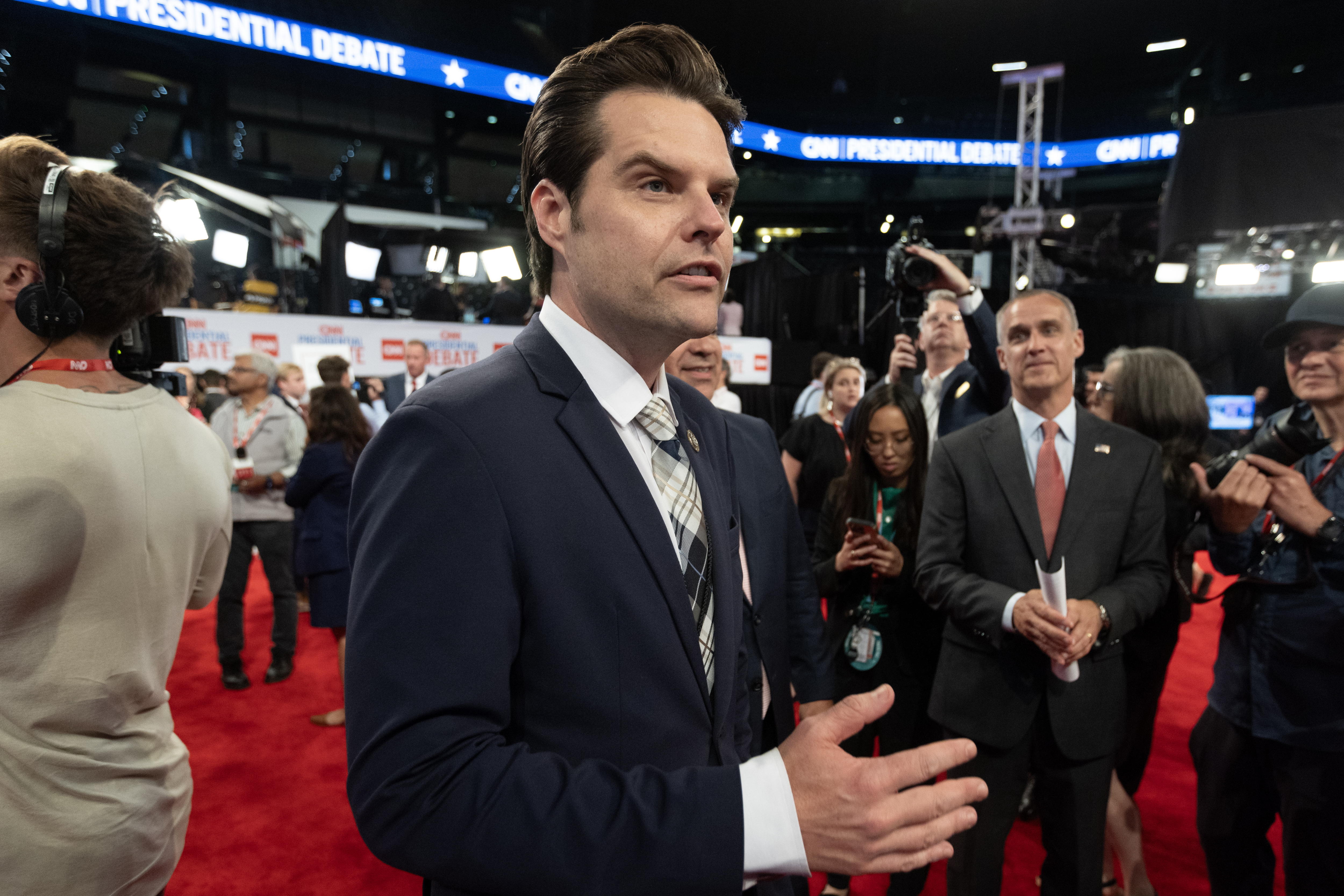 Atlanta (United States), 28/06/2024.- Republican Representative of Florida Matt Gaetz speaks to members of the media in the spin room at Georgia Institute of Technology's McCamish Pavilion, following the first 2024 presidential election debate between US President Joe Biden and former President Donald J. Trump in Atlanta, Georgia, USA, 27 June 2024. The first 2024 presidential election debate was hosted by CNN. EFE/EPA/MICHAEL REYNOLDS