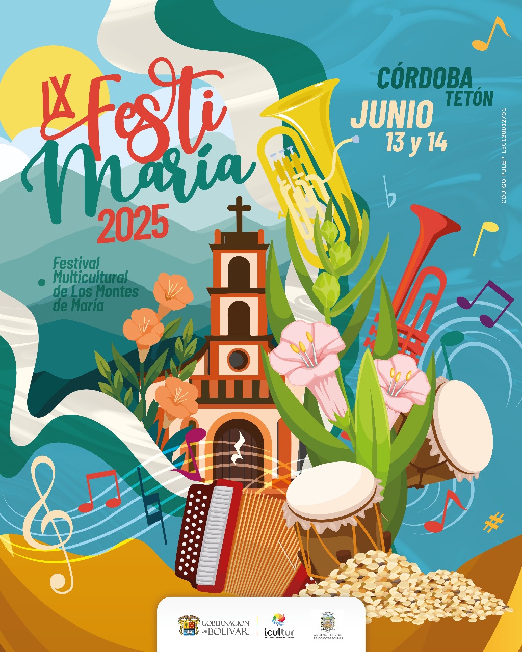 El afiche oficial de esta edición del FESTIMARÍA ha sido diseñado con elementos representativos de Córdoba Tetón, tales como el ajonjolí, la pescadería, el río, la danza, el mochuelo y la iglesia del pueblo.
