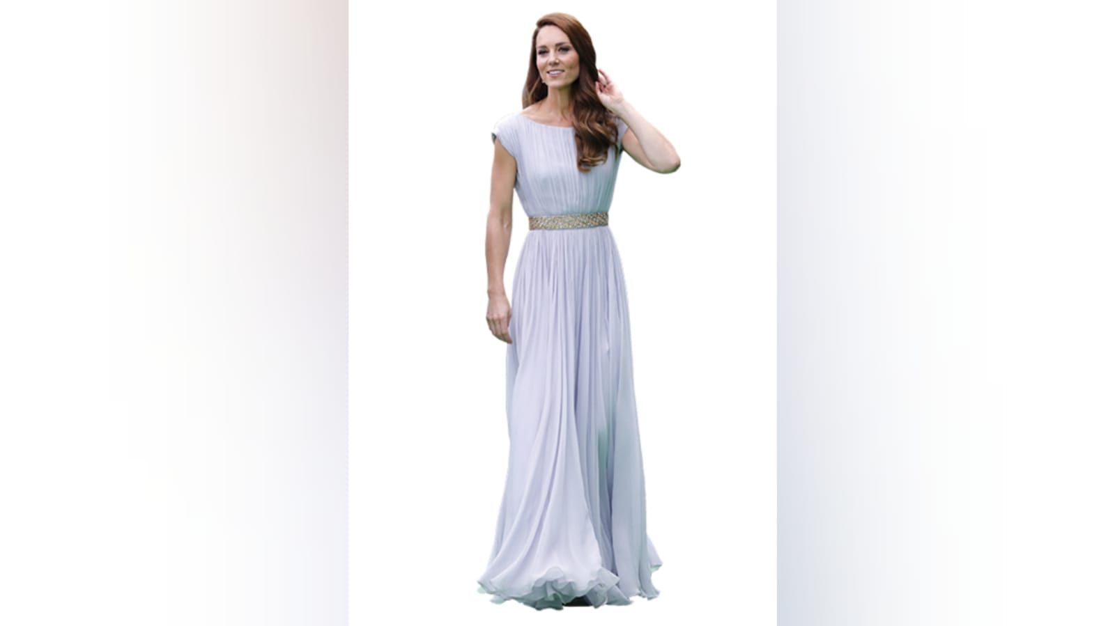 Kate usó este diseño blanco de Alexander McQueen para el lanzamiento del Premio Earthshot 2021, en el Palacio de Alexandra, el 17 de octubre, en Londres. Le agregó una correa de Jenny Packham. Los tacones fueron de Óscar de la Renta y los pendientes, de Kiki McDonough, joyería londinense, cuyas piezas son muy usadas por la futura Reina de Inglaterra.