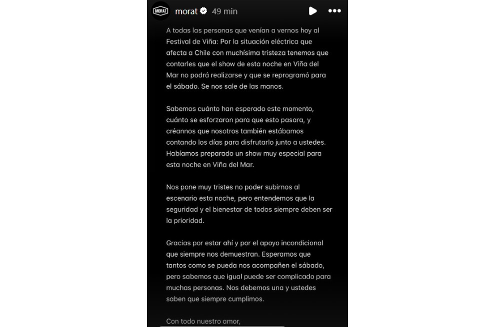 La tercera jornada del Festival de Viña del Mar 2025, programada para este martes 25 de febrero, fue suspendida debido a un masivo apagón que afectó gran parte de Chile. La banda bogotana se pronunció en redes sociales.