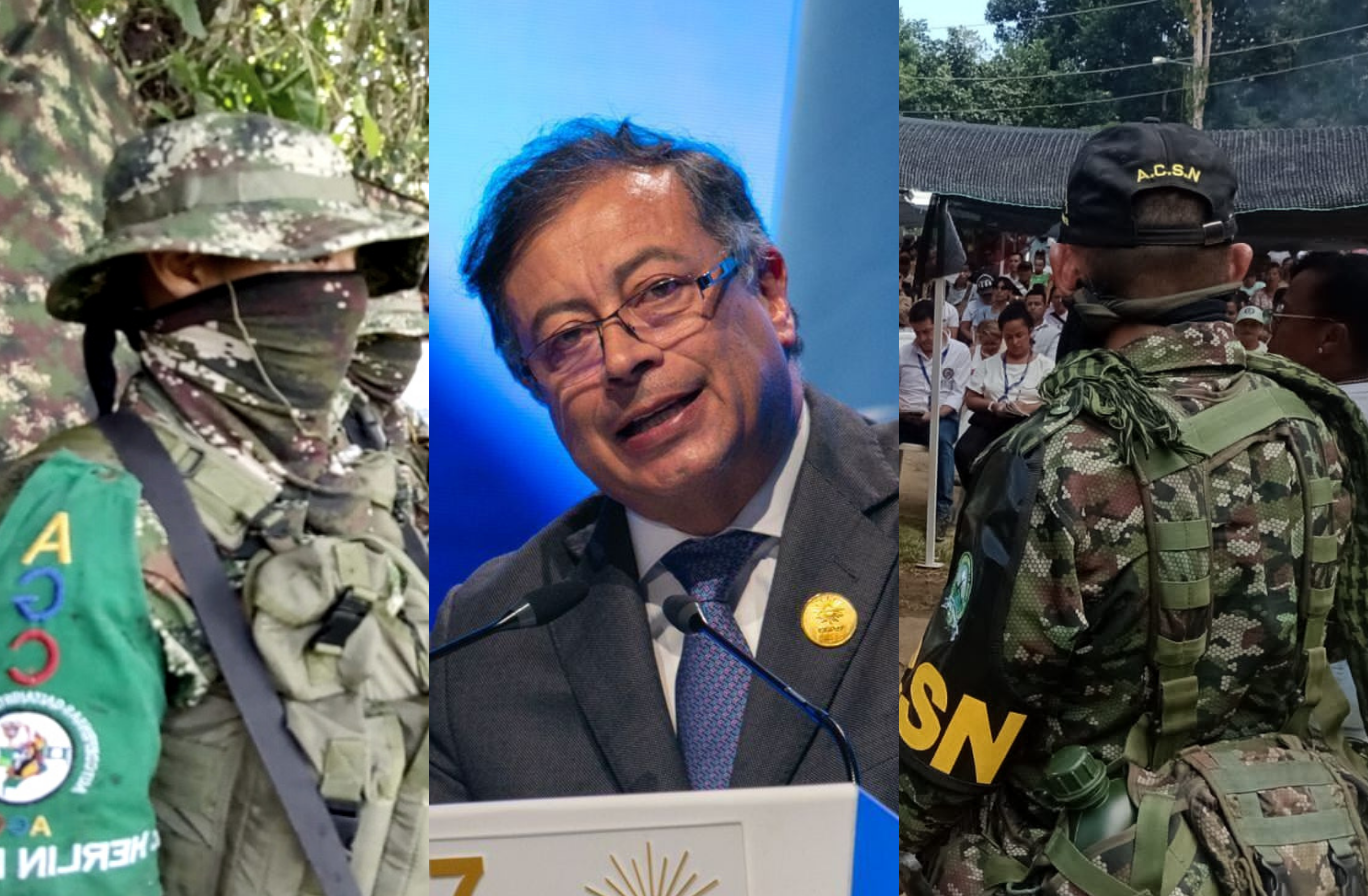 Desde el inicio de la apuesta de paz total, el presidente Petro (centro) expresó su voluntad de conversar con las AGC y las ACSN, los dos grupos herederos del paramilitarismo más grandes del país.