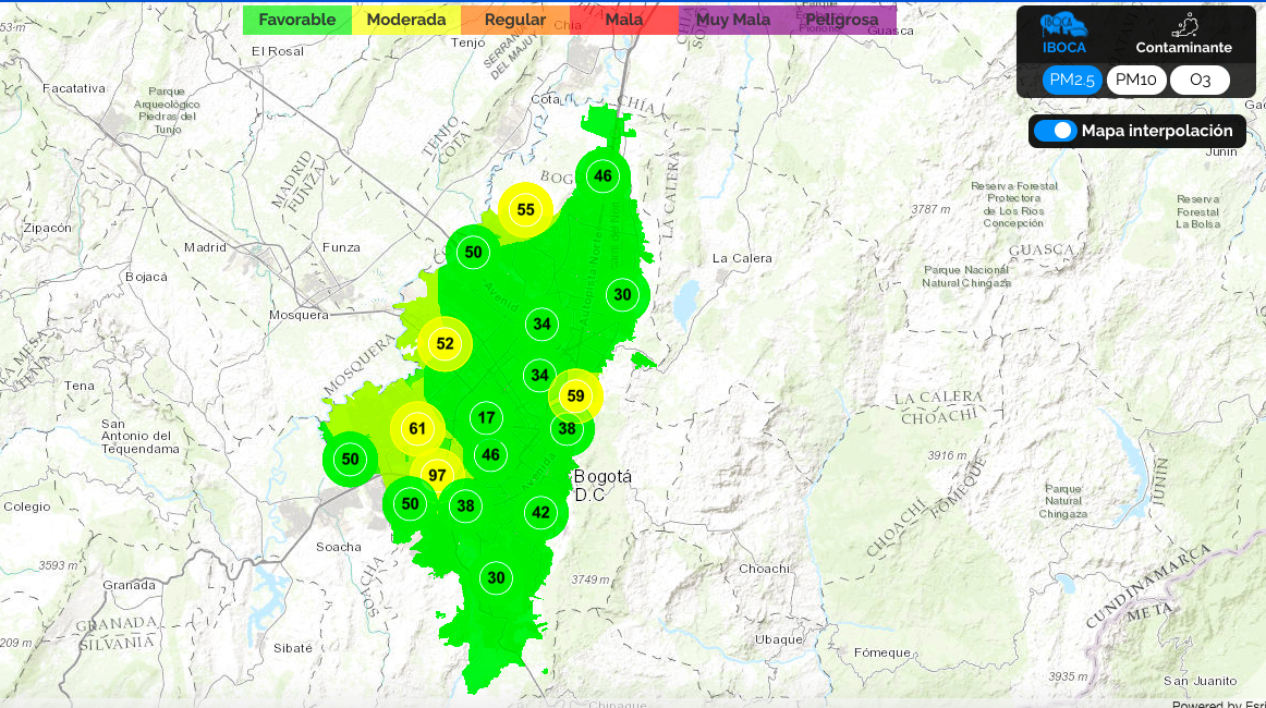 Mapa de concentración del material particulado en Bogotá