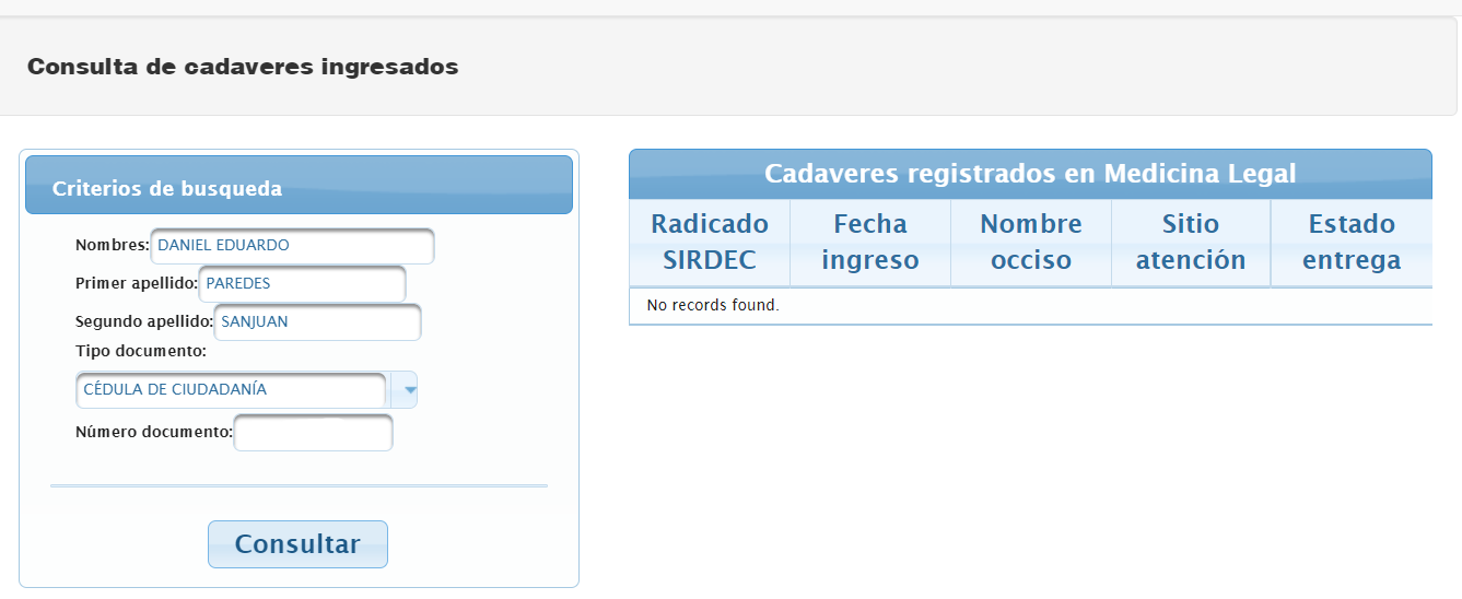 En la consulta de cadáveres ingresados de Medicina Legal no hay ningún cuerpo que registre como Daniel Paredes Sanjuán.