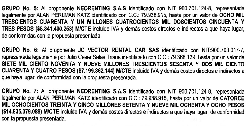 Alan Perlman Katz se ganó la licitación para rentar vehículos convencionales en las zonas 5 y 7, que componen los departamentos de Arauca, Casanare, Guaviare, Meta, Vichada, Guainía, Vaupés, Caquetá, Huila, Valle del Cauca y Cauca.