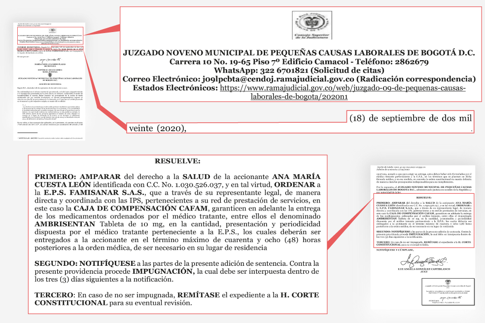 Facsímil del fallo de tutela que amparó el derecho a la salud de Ana María Cuesta y ordenó la entrega del medicamento que necesitaba para tratar su enfermedad.