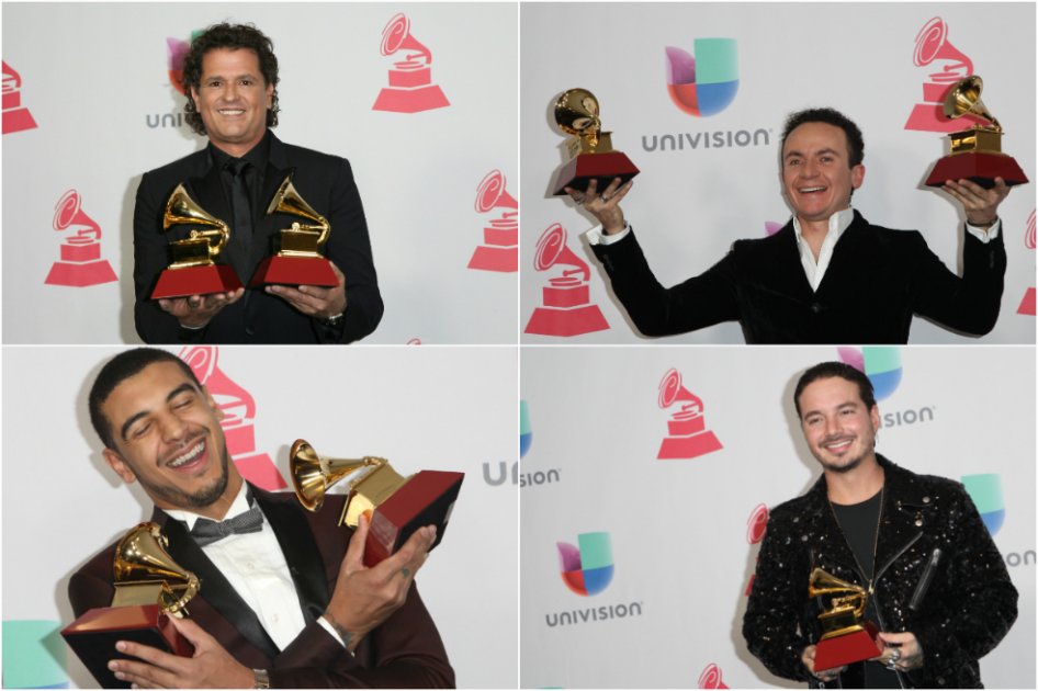 Carlos Vives & Shakira, Fonseca, Manuel Medrano, J Balvin y Palo Cruza'O fueron los ganadores de ocho gramófonos para Colombia. / AFP
