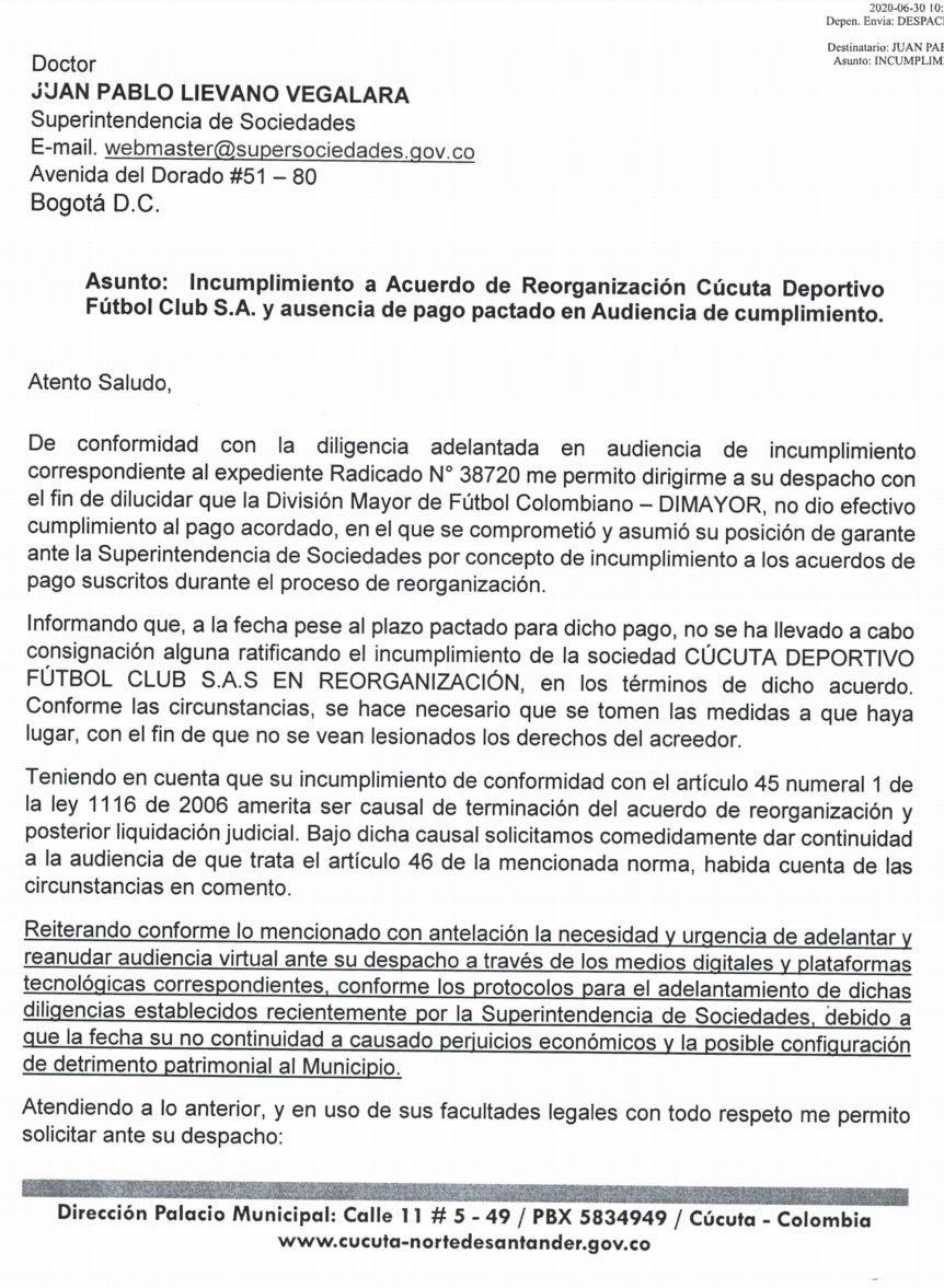 Primera hoja de la carta que le envió la alcaldía de Cúcuta a Supersociedades.