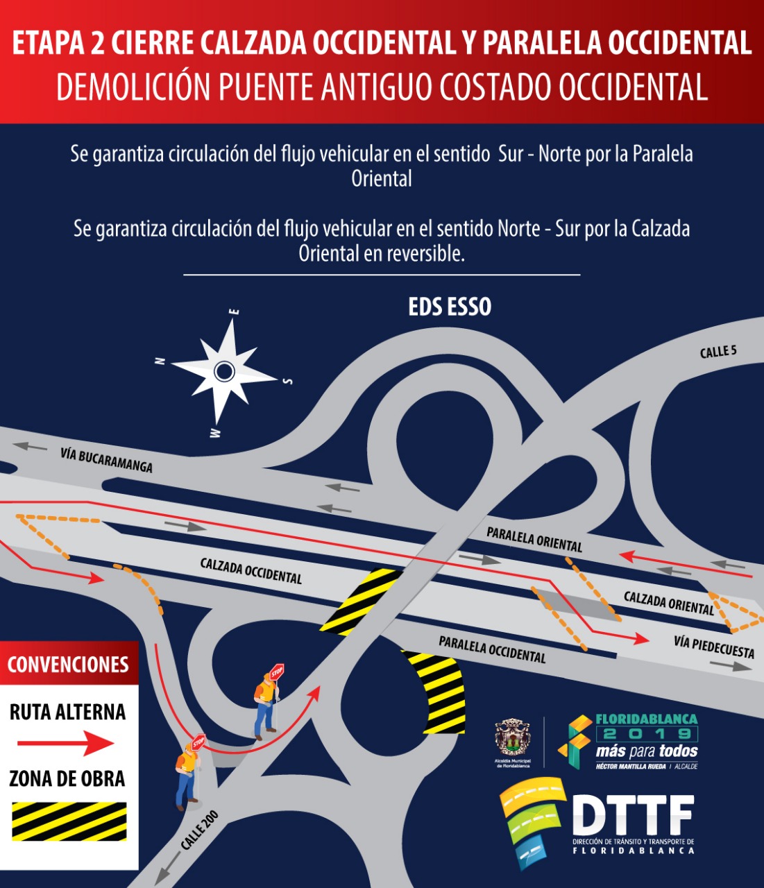 “El desmonte de la actual estructura iniciará en el tramo 4, paralela oriental, sentido Piedecuesta-Bucaramanga;único sector donde se cerrará el tráfico.En el resto de la autopista la movilidad vehicular será normaly solo se cerrará totalmente, durante cerca de 30 minutos, al momento de hacer la implosión de las columnas del sector 1”, expresó el secretario.