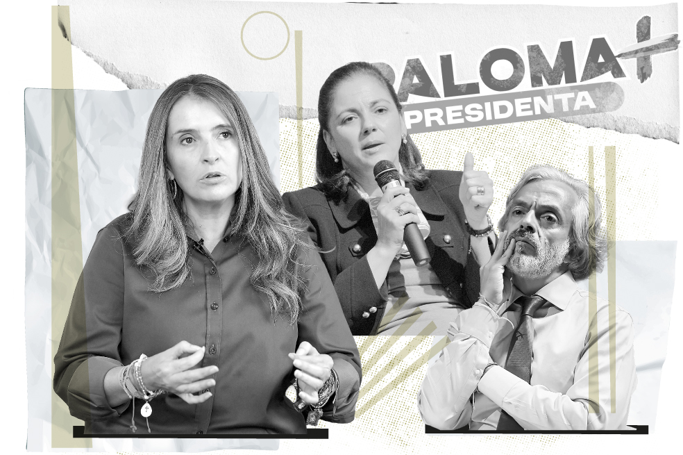 En marzo de 2026, Guerra (arriba) fue nombrada como gerente de la campaña de Paloma Valencia (abajo) y Juan Daniel Oviedo (derecha).