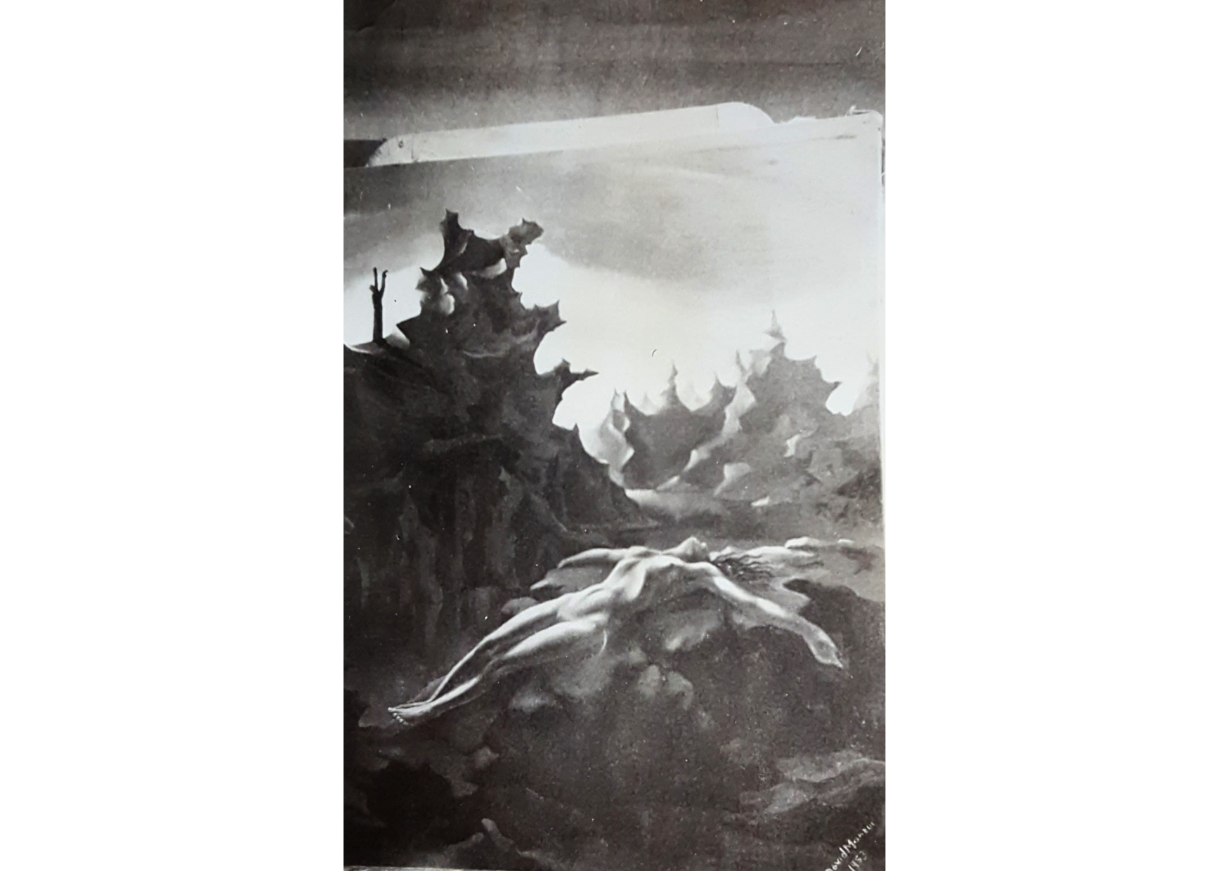 "Agonía", de David Manzur, 1953. Este año marcó su primera exposición individual. Fue reseñada por Calibán en su columna "La danza de las horas" en el diario El Tiempo.