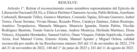 Imagen de la resolución publicada en el diario oficial sobre la suspensión oficial del proceso de paz con el ELN.