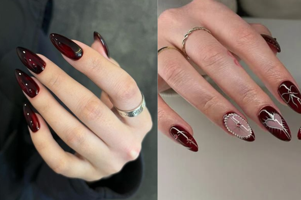 Uñas vinotinto decoradas almendradas