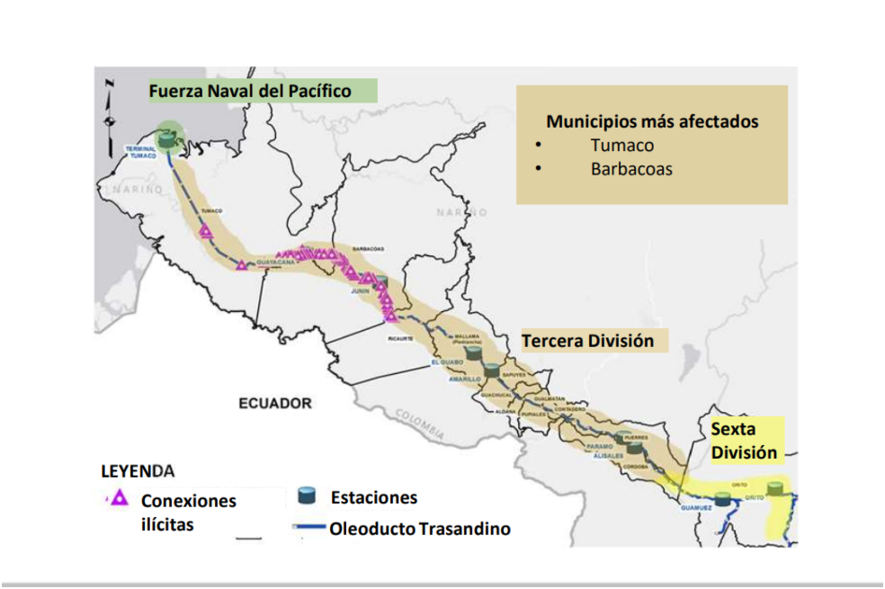 Mapa de las conexiones ilícitas del oleoducto Bicentenario, en Nariño.