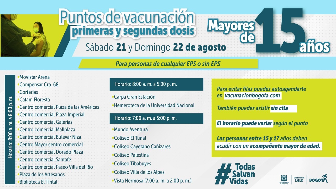 Puntos de vacunación contra el COVID-19 en Bogotá para este 21 y 22 de agosto.