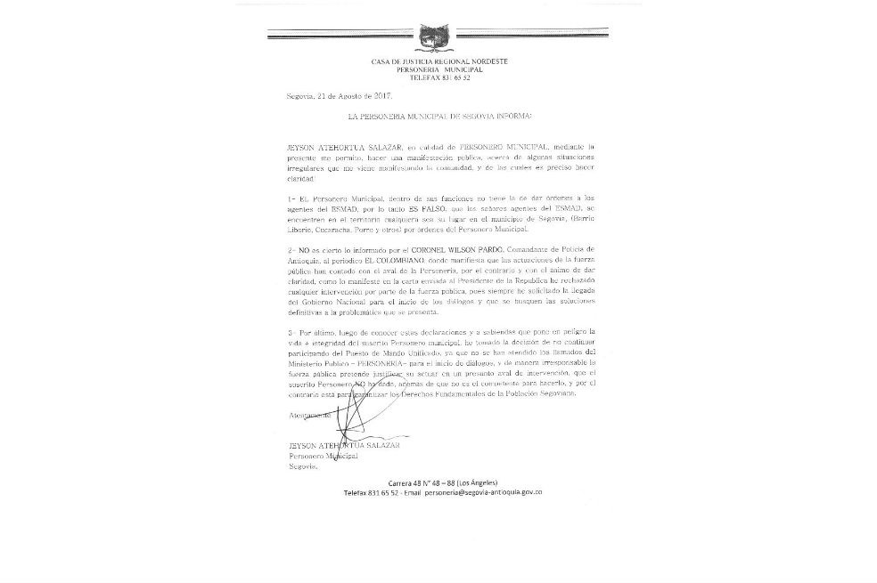 Comunicado del personero de Segovia