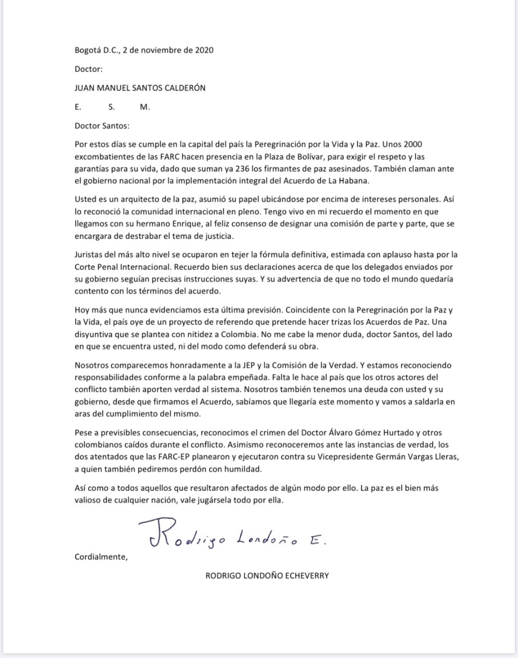 Carta de Rodrigo Londoño a Juan Manuel Santos en la que reconoce atentados a Vargas Lleras.