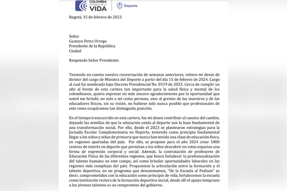 La carta de renuncia de la ministra del Deporte.