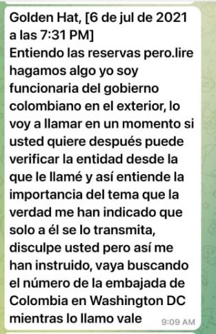 Este fue el mensaje que recibió uno de los asesores de Pablo Catatumbo, donde una persona aún no identificaba se hacía pasar por funcionaria de la Embajada en Washington.